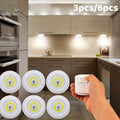 Hand holding a light switch with six wall-mounted light bulbs in a kitchen setting.