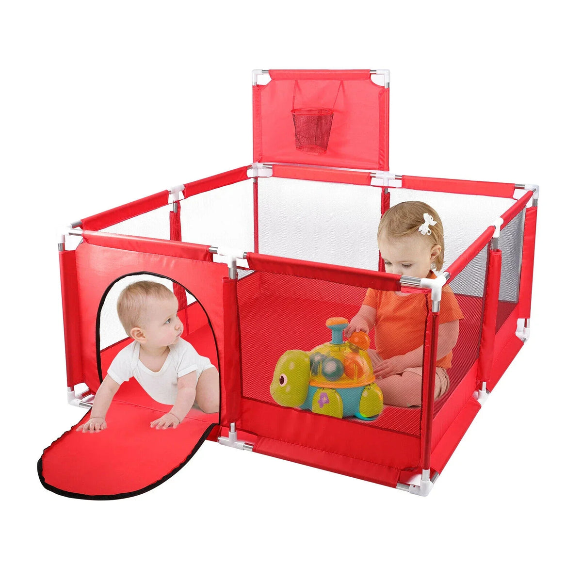 Red baby playpen with two children inside, one playing with a toy turtle.