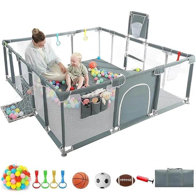 ( 4.1ft W 6ft L 2.2ft H ) Extra Large Baby Playpen With free 100 soft balls – Playard with Basketball Hoop | Safe & Spacious Play Fence for Babies & Toddlers | Fast Delivery Across Pakistan