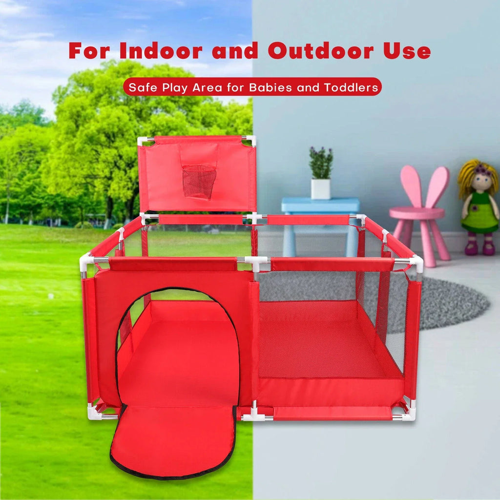 Red playpen with slide and tunnel for babies and toddlers, shown outdoors and indoors.