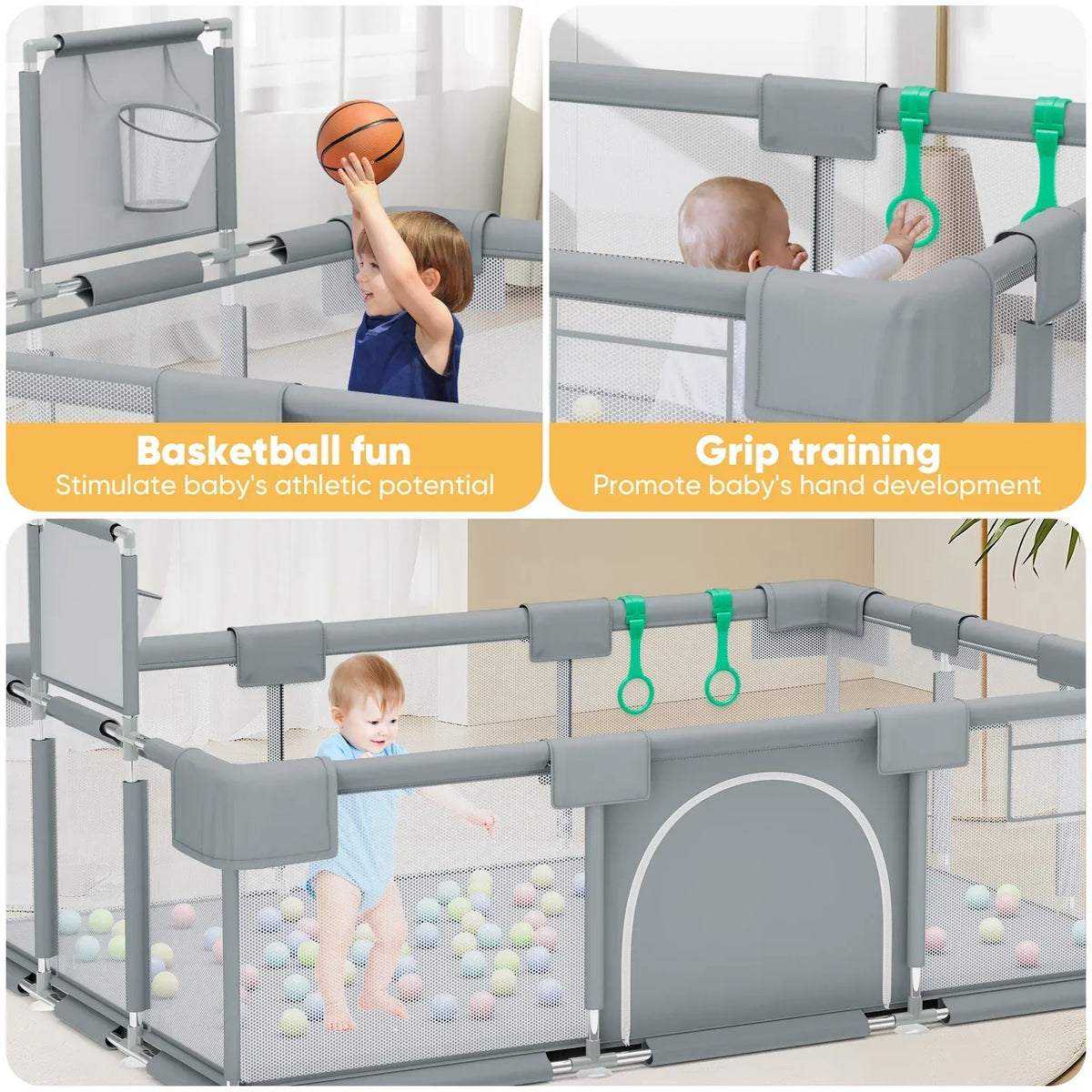 Playpen with basketball hoop and hanging rings, promoting athletic and hand development.
