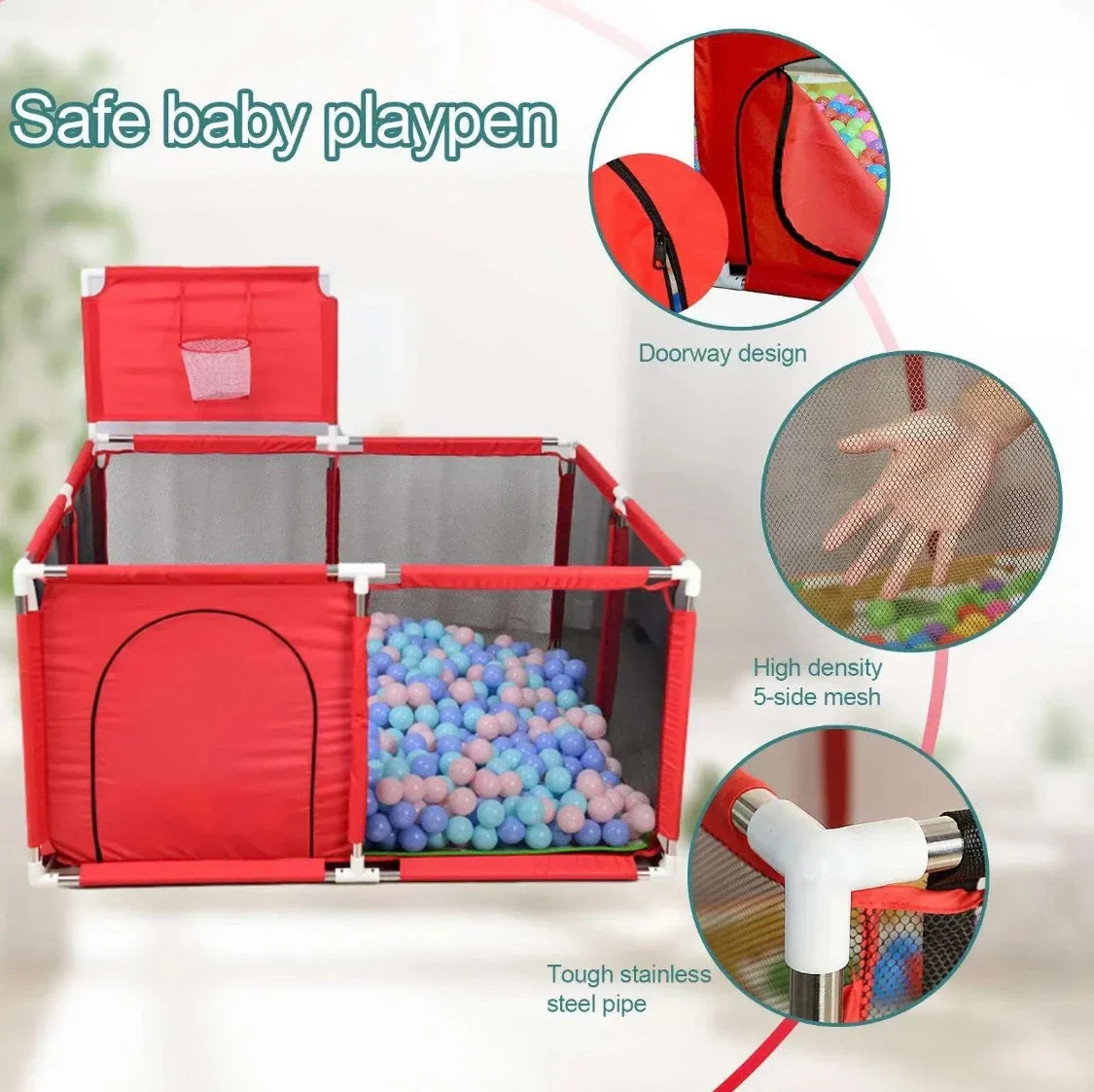 Red baby playpen with colorful ball pit, featuring safety features and materials.
