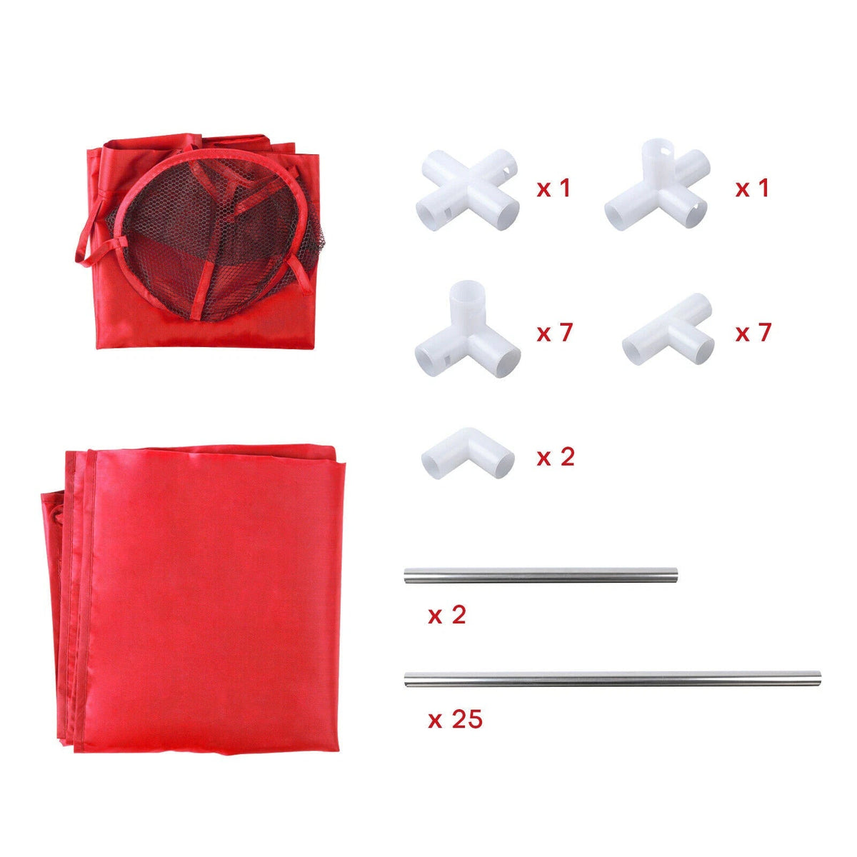 Red tarpaulin with white plastic components on a white background