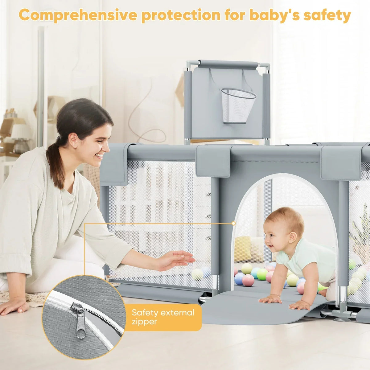 Baby safety gate with a woman and baby in a room, emphasizing safety features.