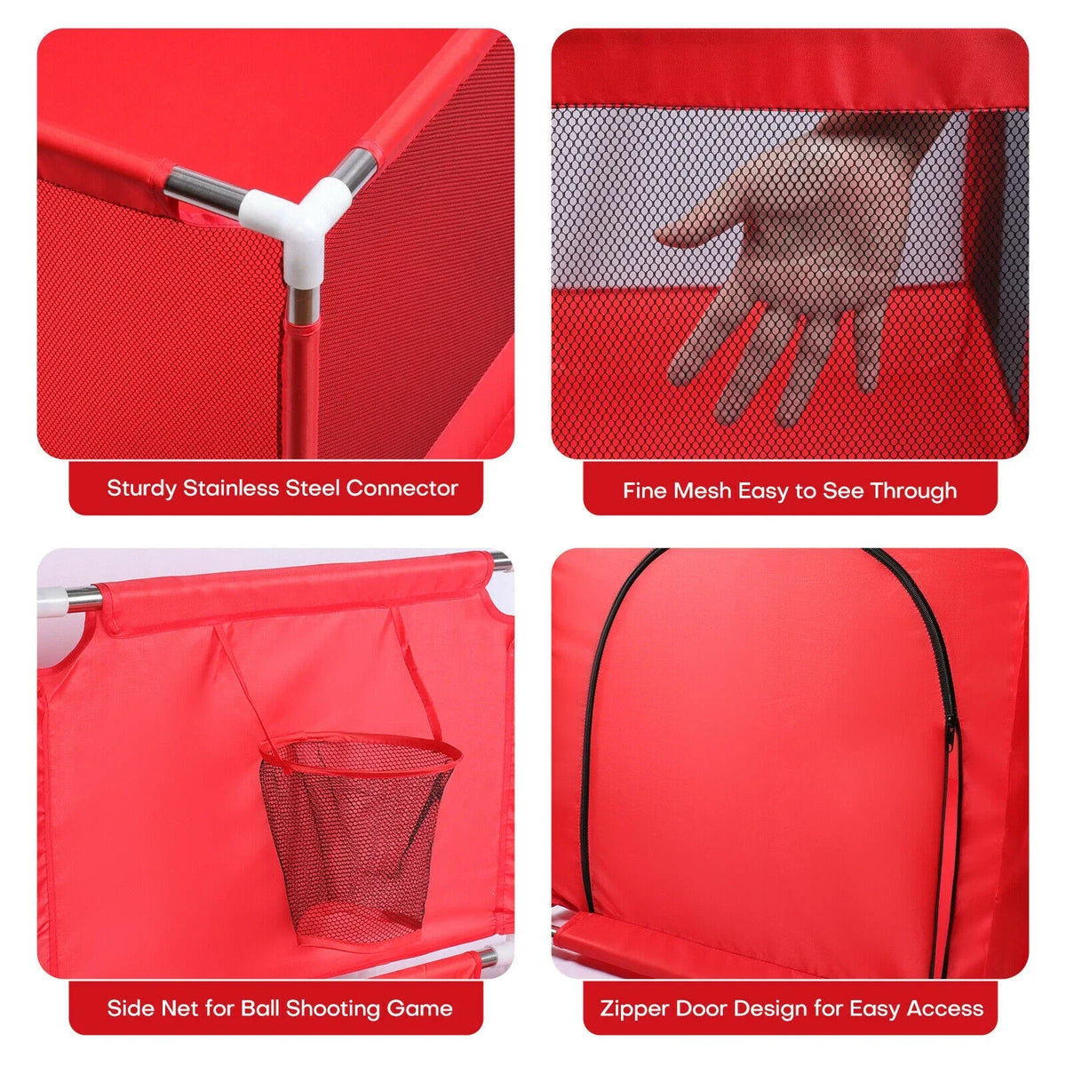 Red mesh tent with features highlighted on a white background