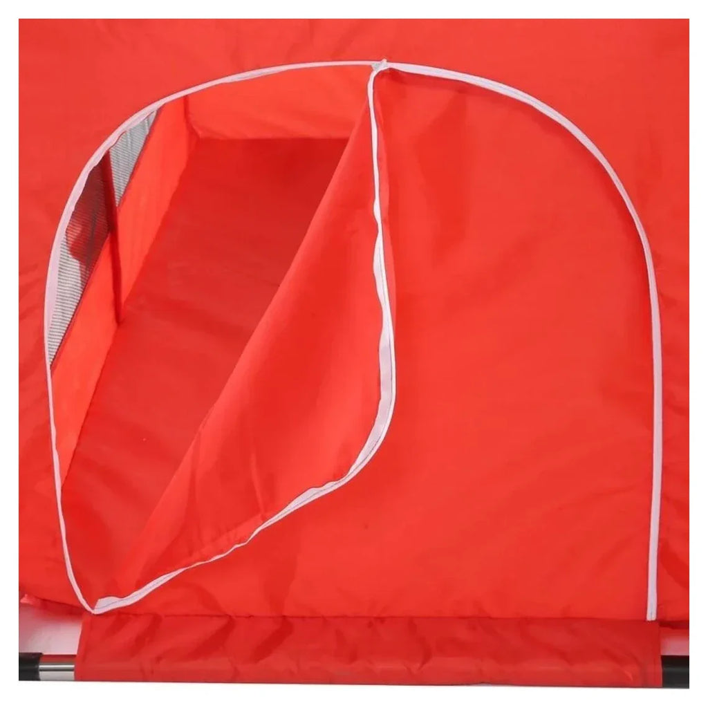 Red pop-up tent with white trim on a white background