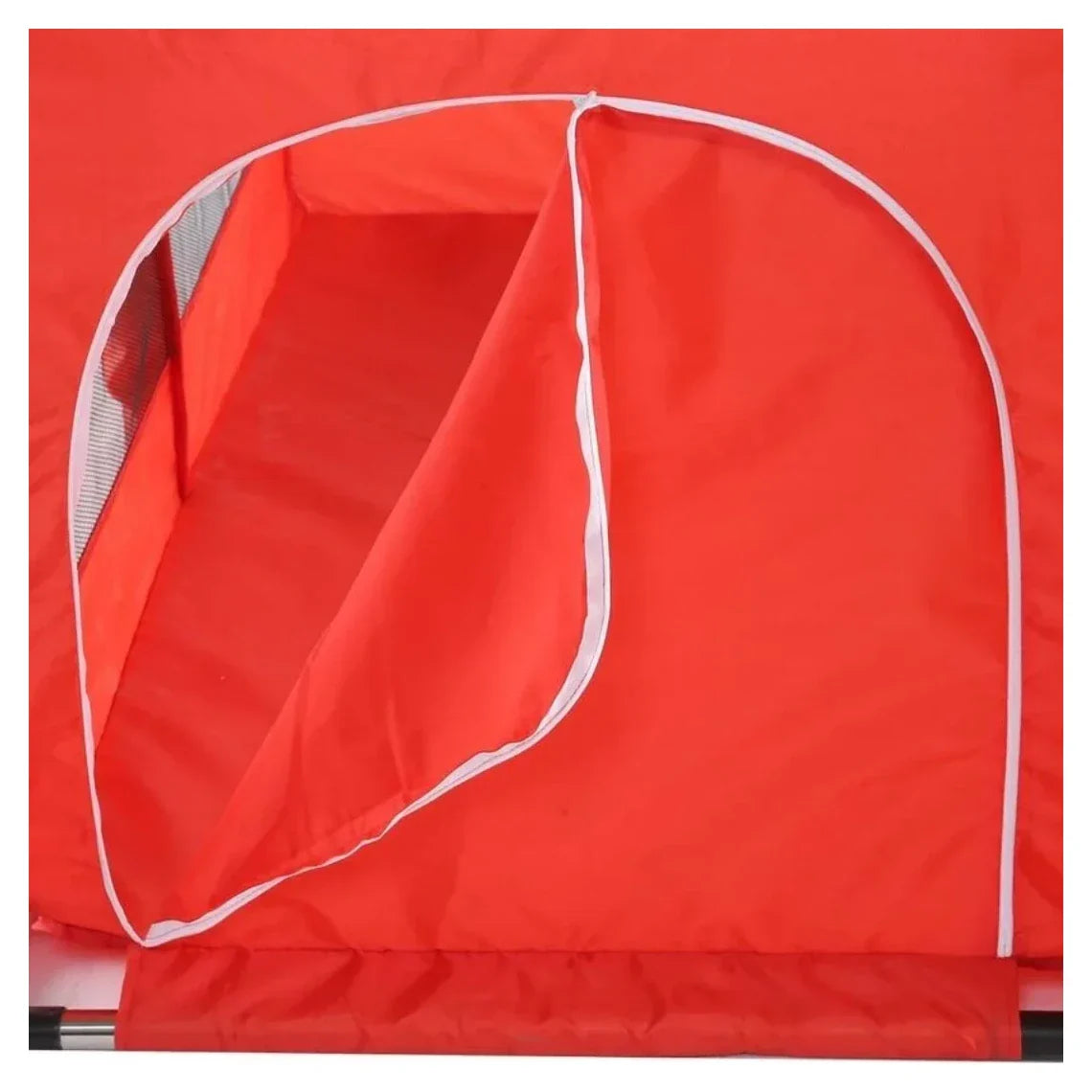 Red pop-up tent with white trim on a white background