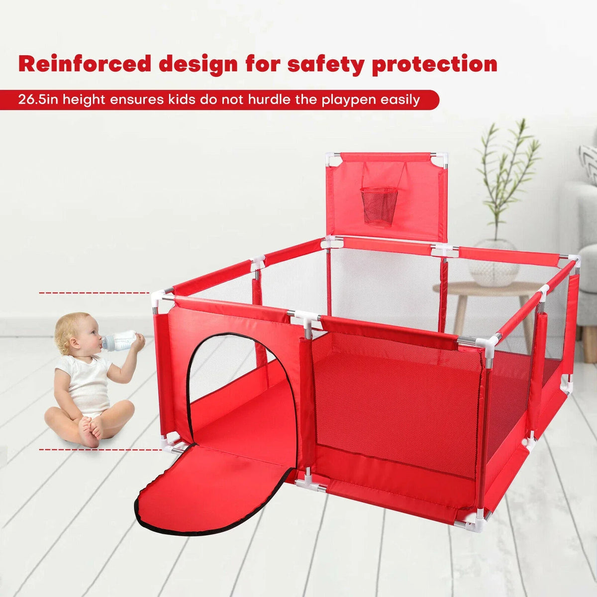 Red playpen with safety features for children, on a white floor.