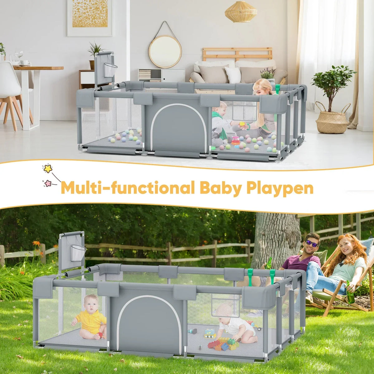 Multi-functional baby playpen shown in indoor and outdoor settings with children playing.