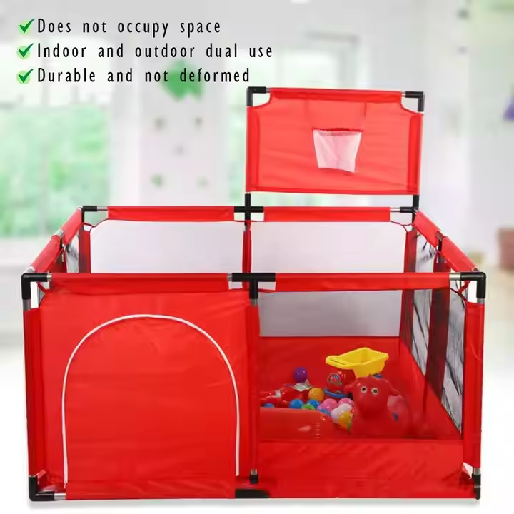 Red playpen with toys inside, featuring text about its features.