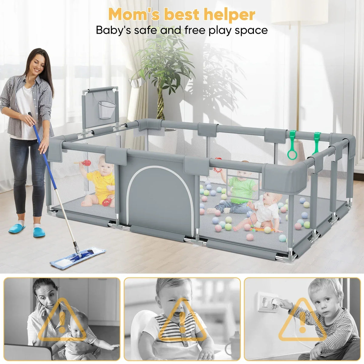 Baby playpen with safety features and a woman cleaning the floor.