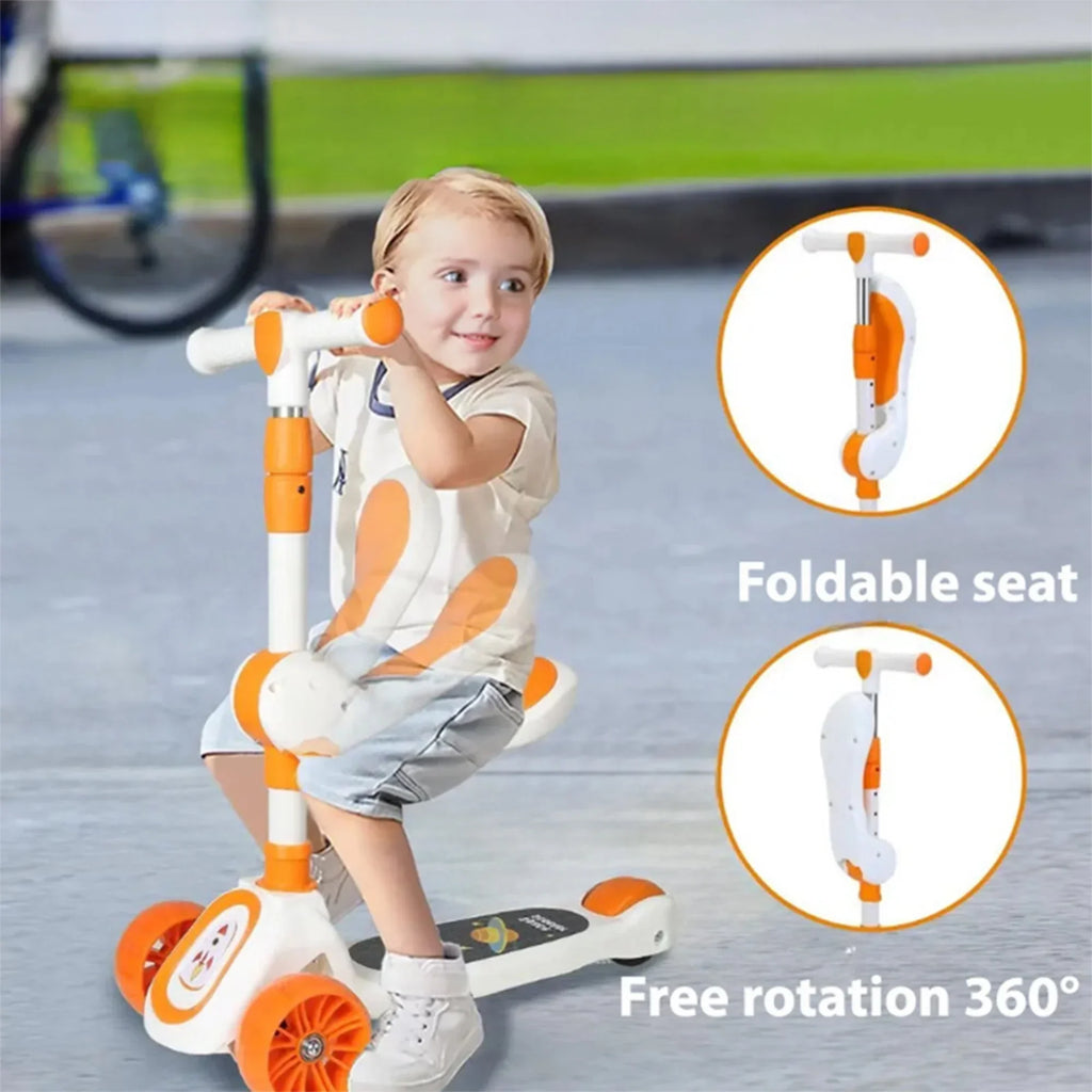 Child sitting on a scooter with foldable seat feature highlighted