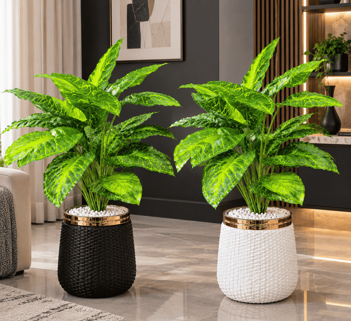 Premium Artificial Potted Plant with Gold-Rim Woven Planter – Luxury Indoor Home Décor