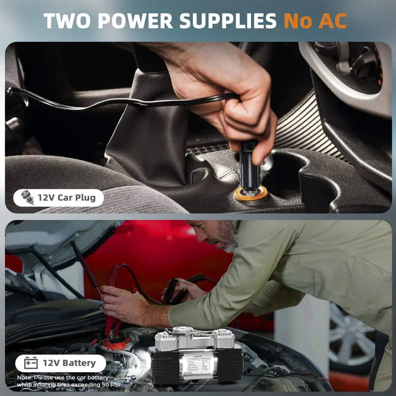 Heavy-Duty Double-Cylinder Tire Inflator by Meshuba Siliver, a Portable Metal DC 12V Air Compressor Designed for Car Accessories.