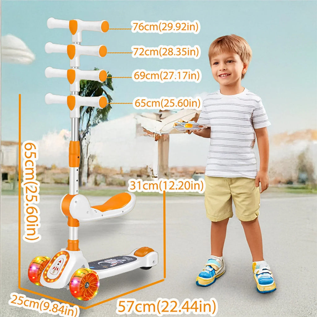 Child standing next to a scooter with measurements indicated