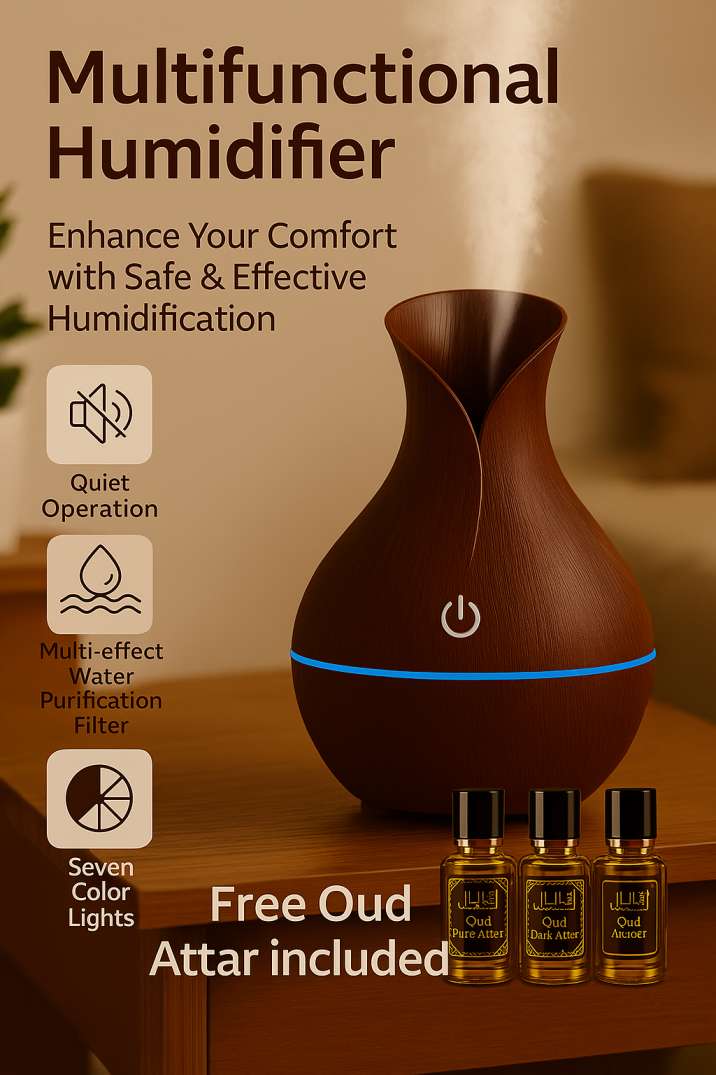 Air Humidifier Ultrasonic USB Aroma Diffuser Wood Grain-LED Light With White, Black and Gray Oud