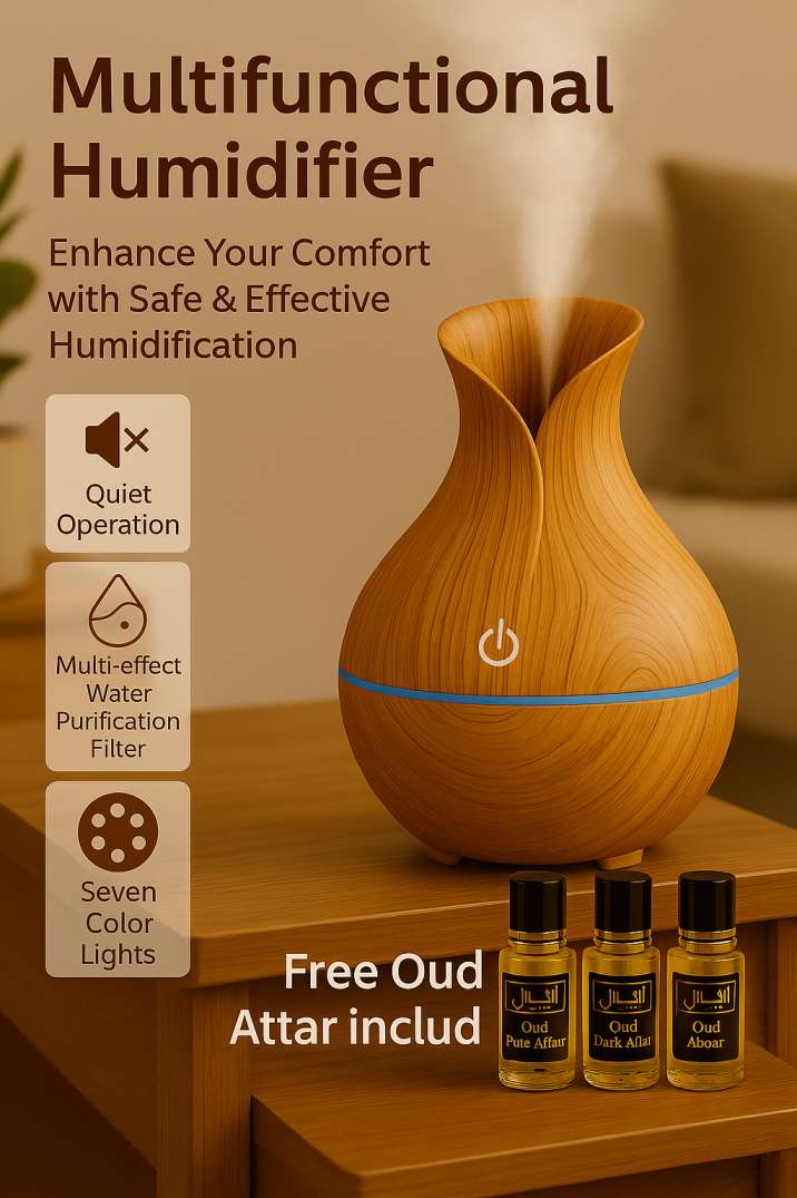 Air Humidifier Ultrasonic USB Aroma Diffuser Wood Grain-LED Light With White, Black and Gray Oud