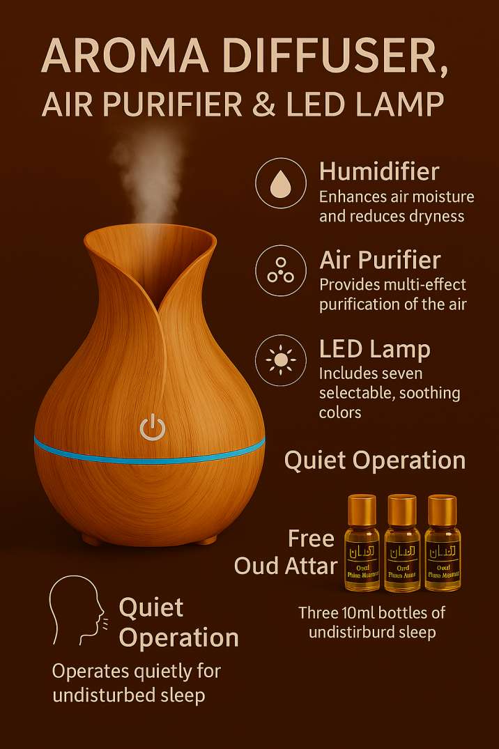 Air Humidifier Ultrasonic USB Aroma Diffuser Wood Grain-LED Light With White, Black and Gray Oud