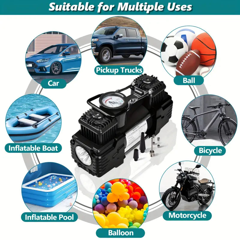 Heavy-Duty Double-Cylinder Tire Inflator by Meshuba Siliver, a Portable Metal DC 12V Air Compressor Designed for Car Accessories.