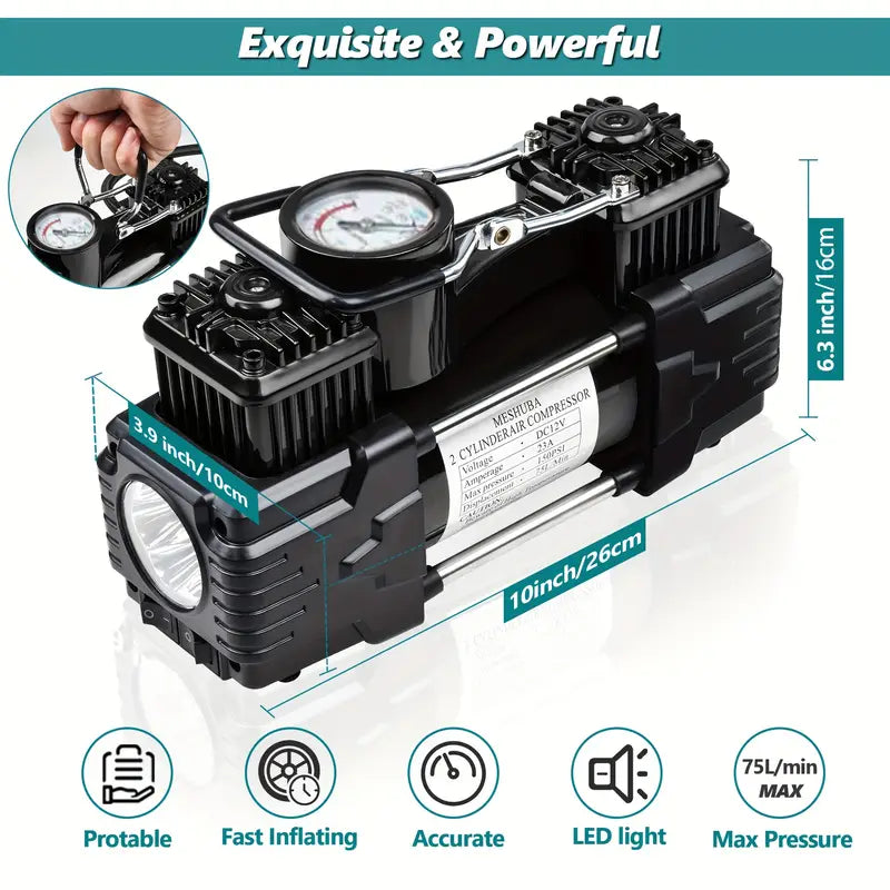 Heavy-Duty Double-Cylinder Tire Inflator by Meshuba Siliver, a Portable Metal DC 12V Air Compressor Designed for Car Accessories.