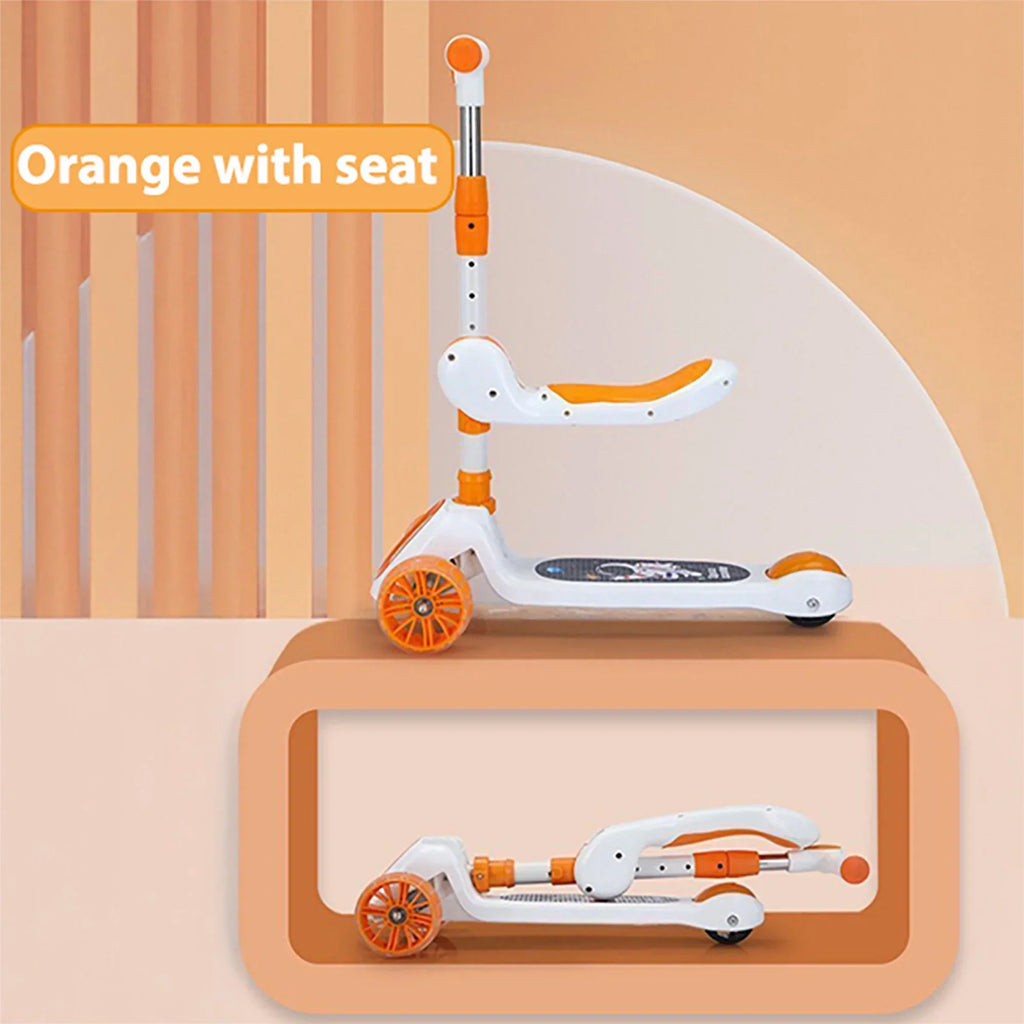 Orange and white scooter with a seat on a beige background
