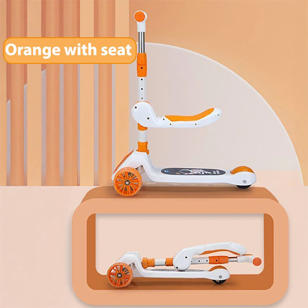 Orange and white scooter with a seat on a beige background