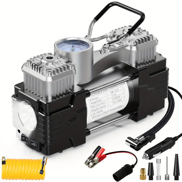 Heavy-Duty Double-Cylinder Tire Inflator by Meshuba Siliver, a Portable Metal DC 12V Air Compressor Designed for Car Accessories.