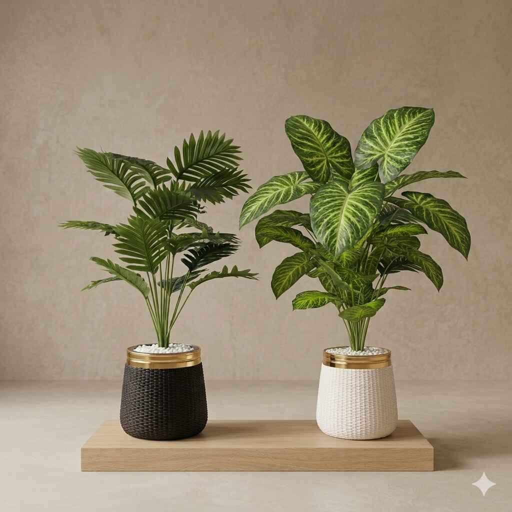 Premium Artificial Potted Plant with Gold-Rim Woven Planter – Luxury Indoor Home Décor