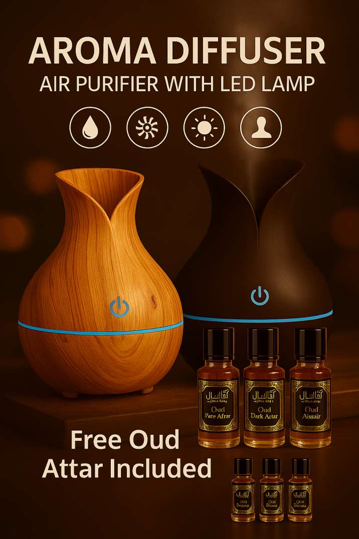 Air Humidifier Ultrasonic USB Aroma Diffuser Wood Grain-LED Light With White, Black and Gray Oud
